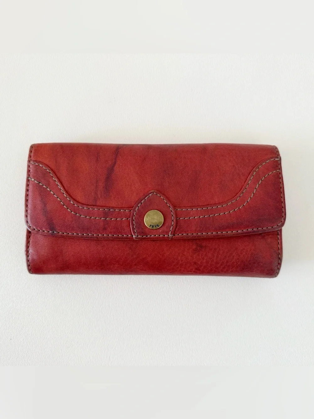 Frye Wallet Distressed Red Leather Slim Organizer Snap Button